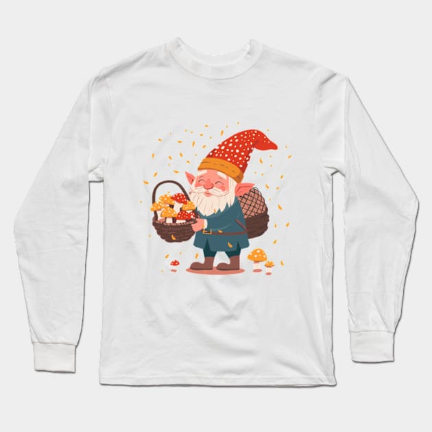 A cute gnome carrying a basket of mushrooms Long Sleeve T-Shirt by peculiarbutcute